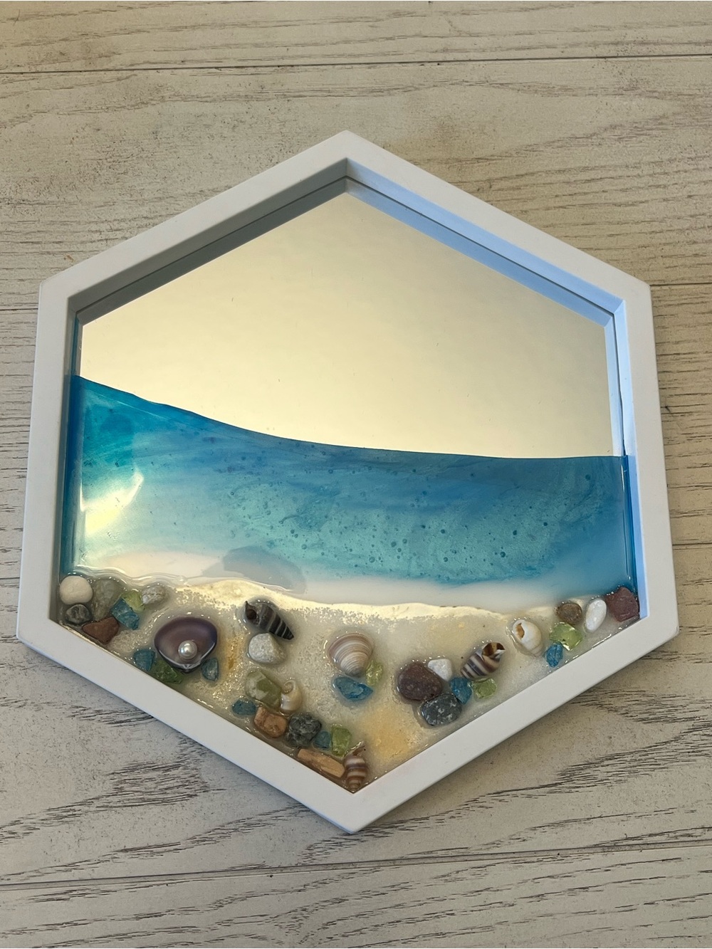 Hexagonal Mirror Handmade Resin Beach Ocean Art